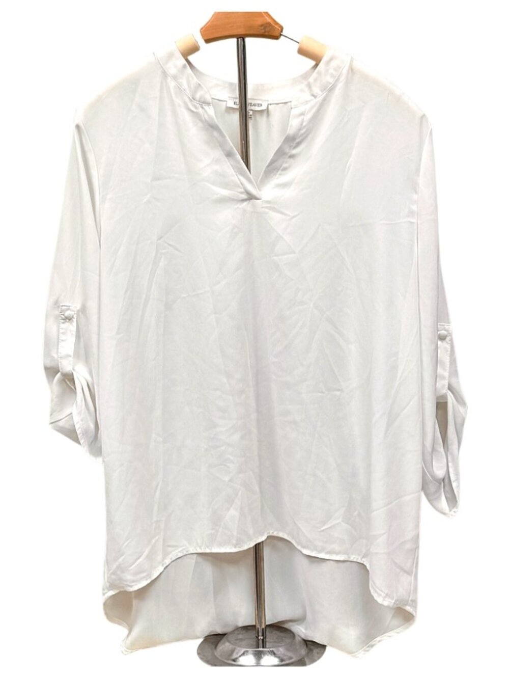 Ellen Weaver CRISP White Summer Blouse Asymmetrical 3/4 Rollup Sleeves Airy NEW